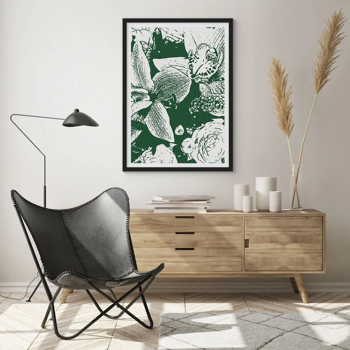 Pôster com moldura preta - Ilustração botânica de flores e folhas em cores contrastantes - 50x70cm - Bouquet - o mundo do verde - Decoração de parede moderna para a sala de estar e quarto ARTTOR