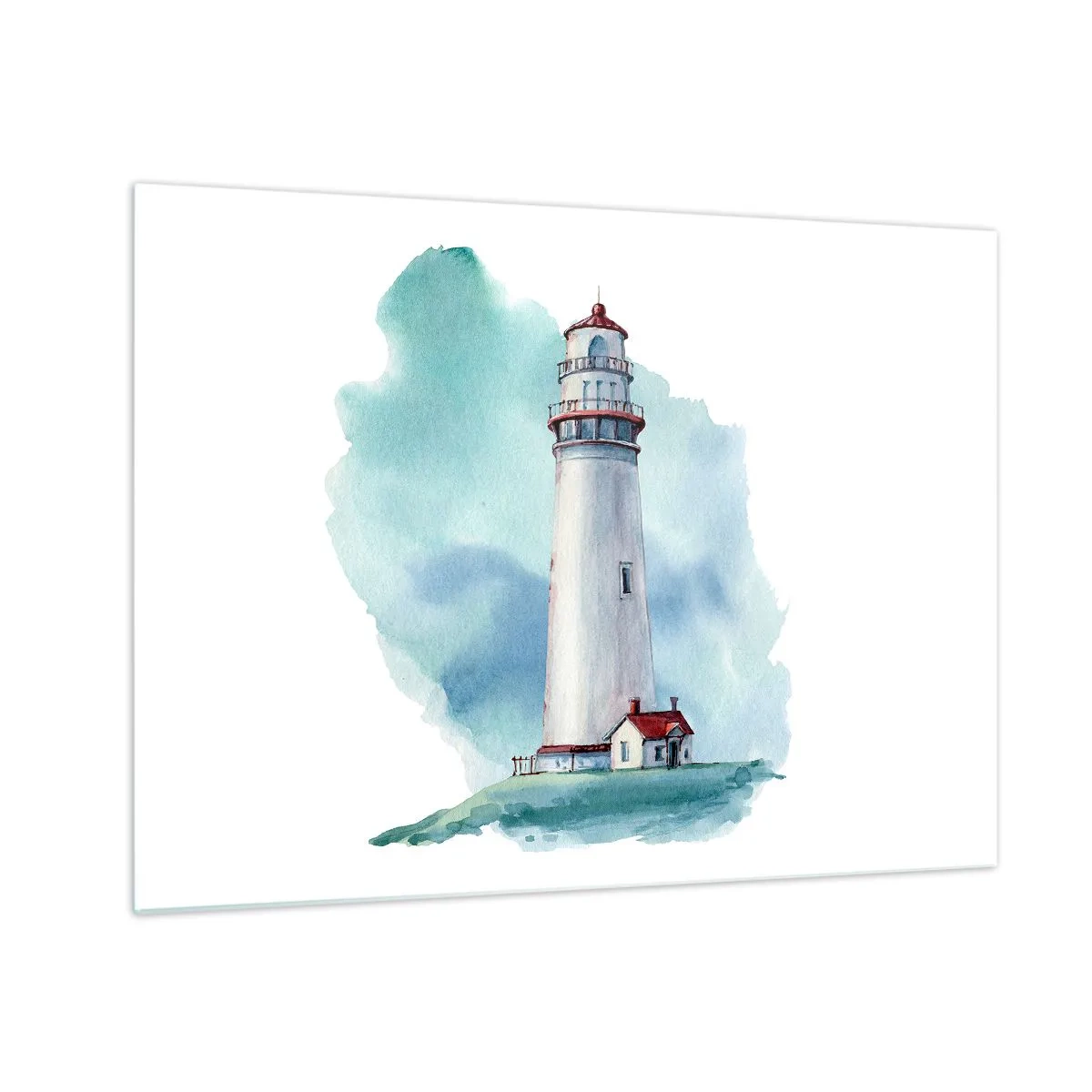 Quadro em vidro - Um farol contra um céu azul aquarela - 70x50cm - A gentil irmã do azul - Decoração de parede moderna para a sala de estar e quarto ARTTOR