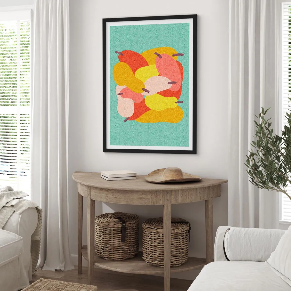 Pôster com moldura preta - Ilustração colorida de peras em um fundo turquesa - 50x70cm - Experimente o sol de verão - Decoração de parede moderna para a sala de estar e quarto ARTTOR