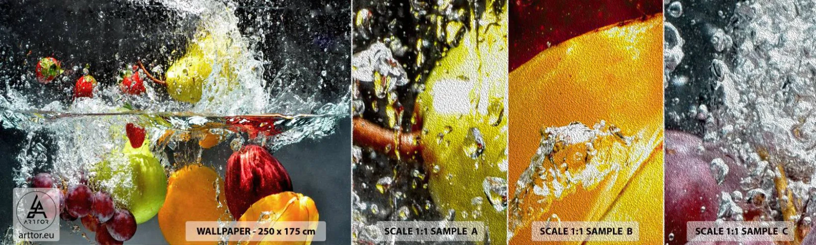 Amostra de papel de parede Premium Sand - Refresco de frutas - Fruta, Água, Cozinha - 100x30 cm