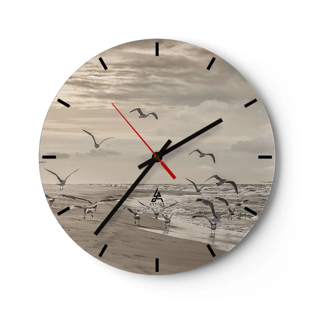 Relógio de parede - Relógio em vidro - Gaivotas pairando sobre a praia pela manhã - 30x30cm - O som do mar, o canto dos pássaros - Decoração de parede moderna para a sala de estar, cozinha e quarto ARTTOR