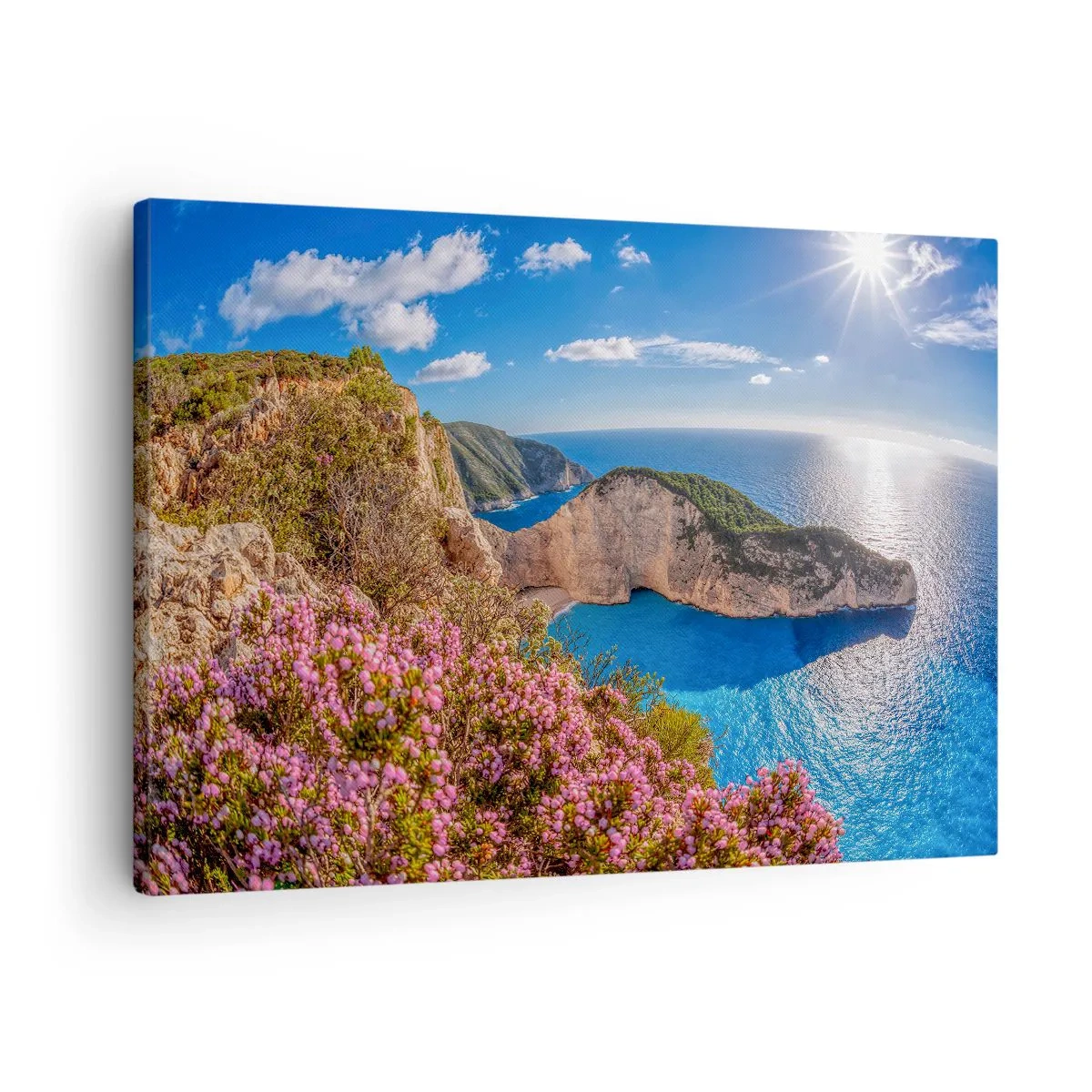 Quadro em tela - Um penhasco com flores, um mar turquesa e uma paisagem grega ensolarada - 70x50cm - As minhas grandes férias gregas - Decoração de parede moderna para a sala de estar e quarto ARTTOR