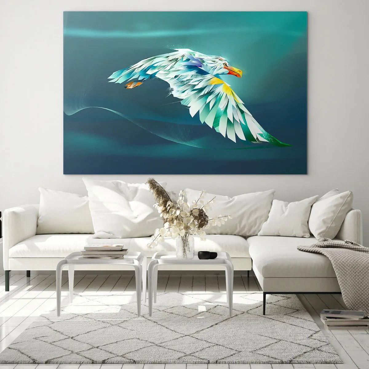 Quadro em vidro - Uma imagem abstrata de uma águia em tons de azul e branco sobre um fundo de ondas. - 70x50cm - O poder da águia - Decoração de parede moderna para a sala de estar e quarto ARTTOR