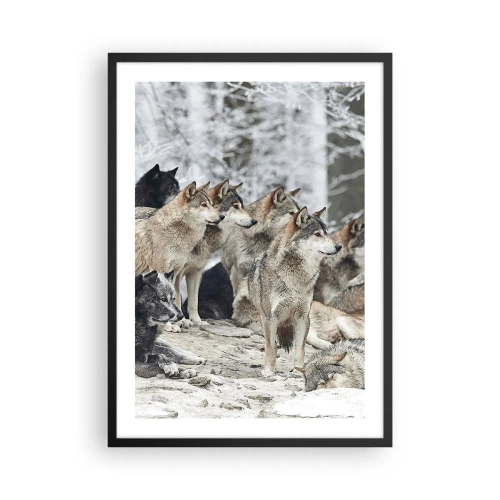 Pôster com moldura preta - Um grupo de lobos na floresta de inverno - 50x70cm - Família e amigos - Decoração de parede moderna para a sala de estar e quarto ARTTOR