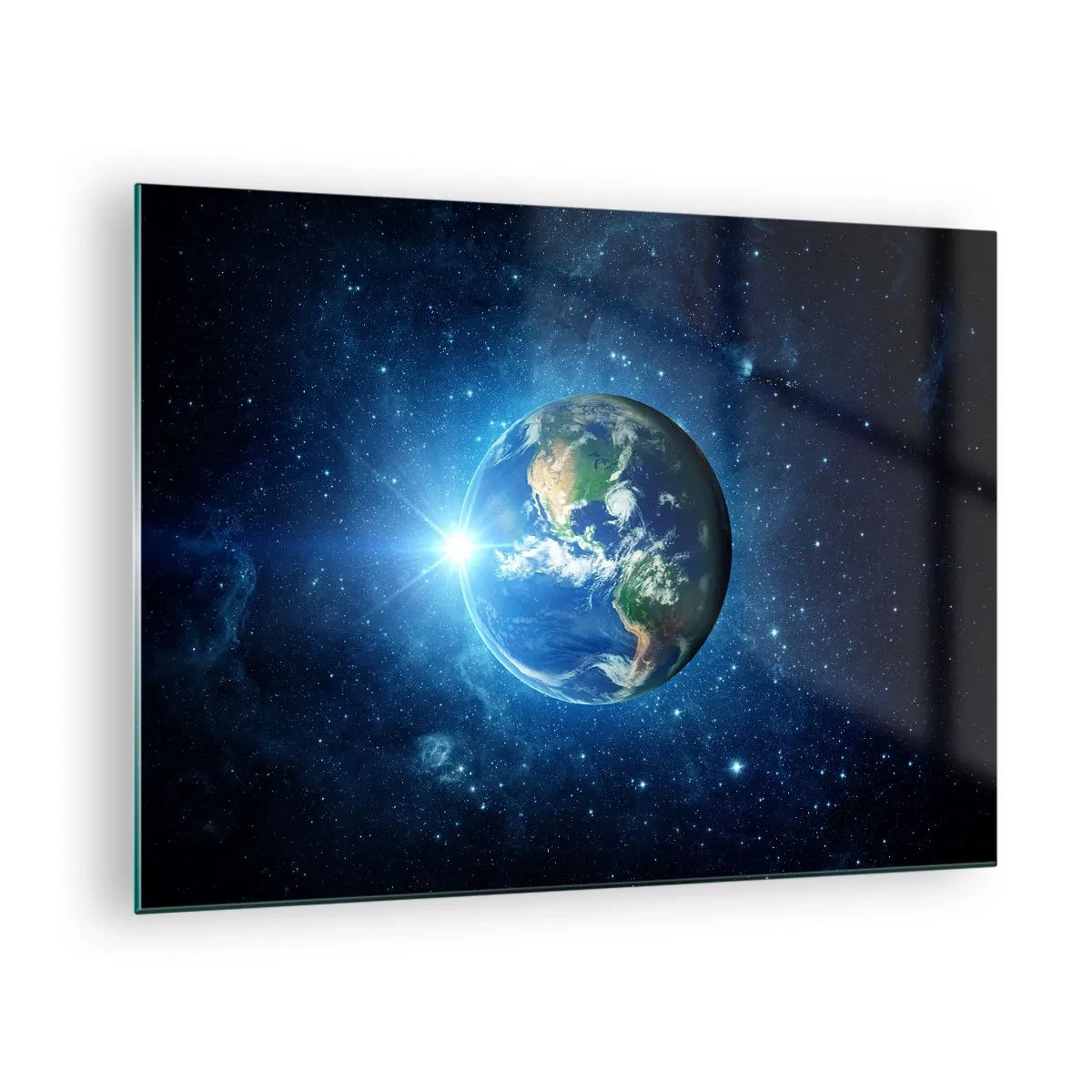 Quadro em vidro - Terra vista do espaço com raios de luz - 70x50cm - Estamos no céu - Decoração de parede moderna para a sala de estar e quarto ARTTOR