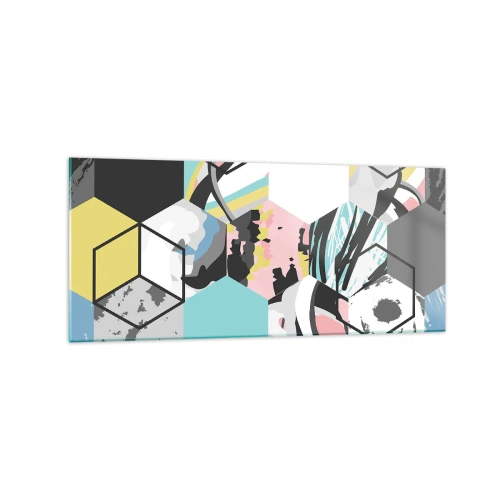 Quadro em vidro - Hexágonos e cubos em seis cores - 120x50 cm