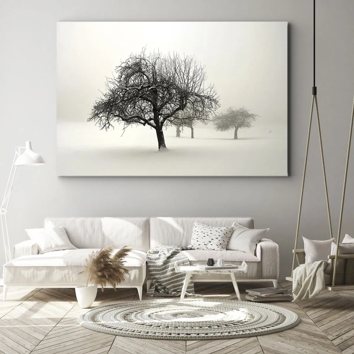 Quadro em tela - Árvores em um campo coberto de neve cercado por neblina - 70x50cm - Sono de inverno - Decoração de parede moderna para a sala de estar e quarto ARTTOR