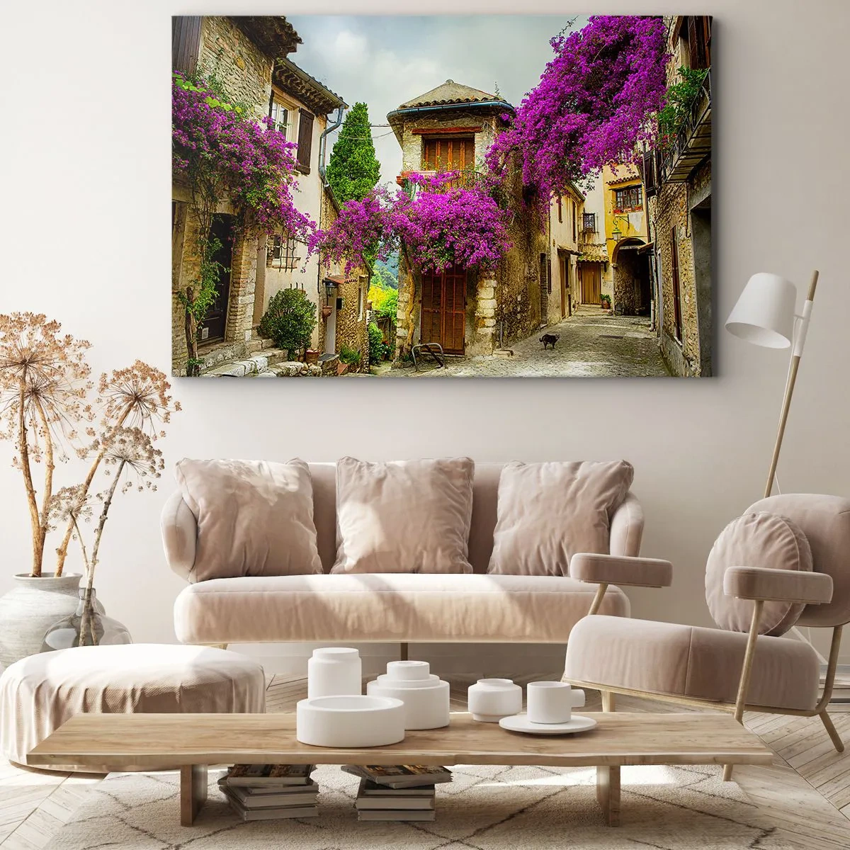 Quadro em tela - Uma rua de pedra com flores e casas cor-de-rosa - 70x50cm - Sob um dossel de flores - Decoração de parede moderna para a sala de estar e quarto ARTTOR