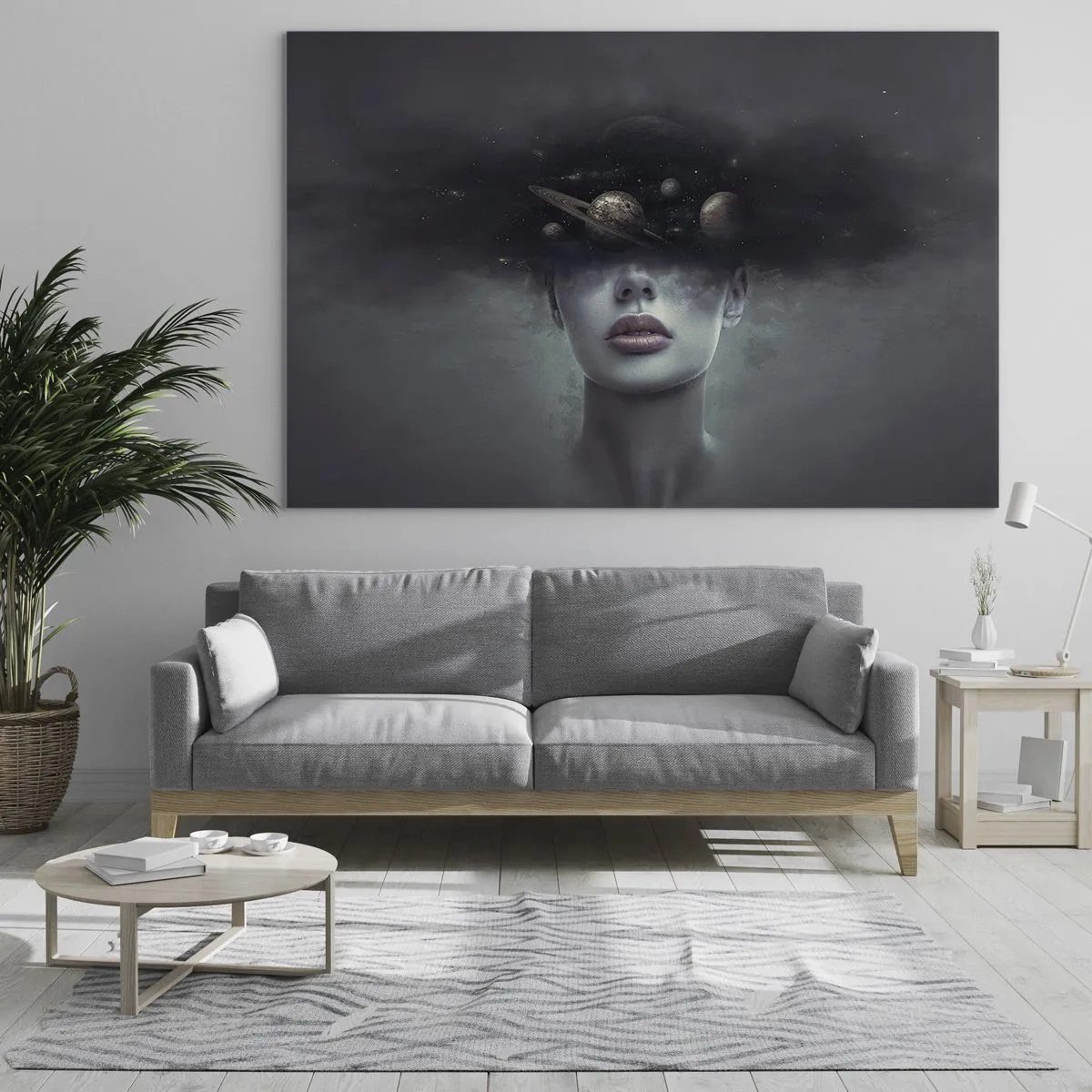 Quadro em vidro - Uma mulher com planetas na cabeça em uma composição surreal - 70x50cm - E os planetas estão a enlouquecer... - Decoração de parede moderna para a sala de estar e quarto ARTTOR