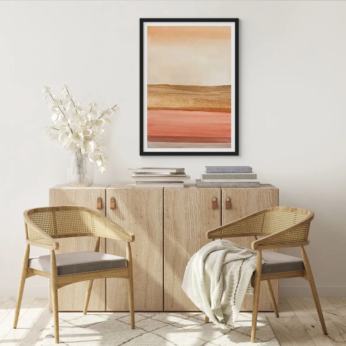Pôster com moldura preta - Uma composição abstrata em tons quentes de bege e rosa. - 50x70cm - Composição vertical - Decoração de parede moderna para a sala de estar e quarto ARTTOR