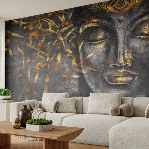 Papel de Parede Standard Eco - Uma imagem dourada de Buda sobre um fundo escuro com bambu - 100x70cm - Sinta a paz - Decoração de parede moderna para a sala de estar e quarto ARTTOR