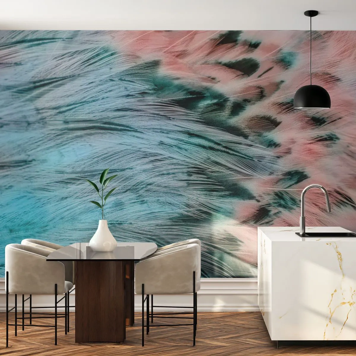 Papel de Parede Standard Eco - Penugem safira-rosa - Abstração, Pedaço, Penas de pássaros - 350x256 cm