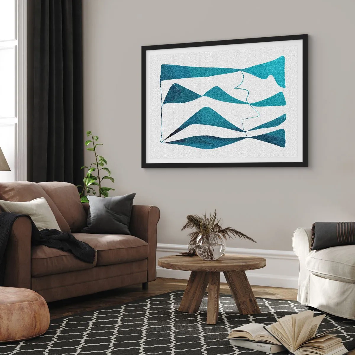 Pôster com moldura preta - Abstração: composto turquesa - 70x50 cm