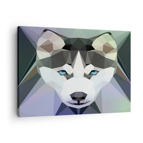 Quadro em tela - Lobo geométrico com olhos azuis expressivos - 70x50cm - Memória da neve do norte - Decoração de parede moderna para a sala de estar e quarto ARTTOR