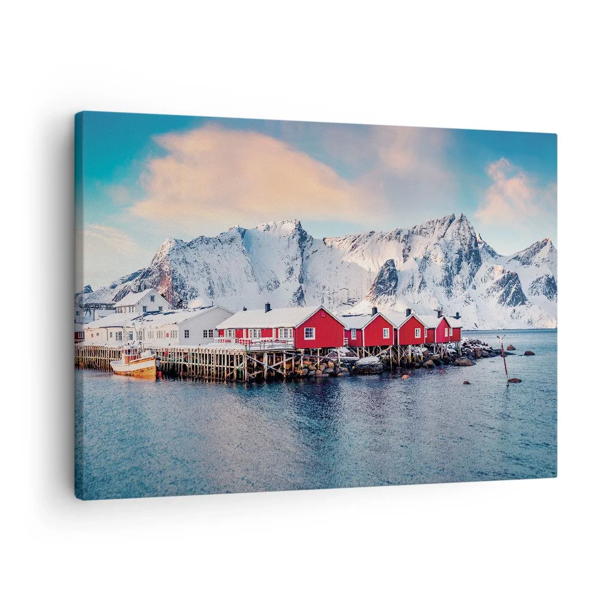 Quadro em tela - Casas vermelhas contra o fundo de montanhas nevadas e o mar azul - 70x50cm - Refpugio do Norte - Decoração de parede moderna para a sala de estar e quarto ARTTOR