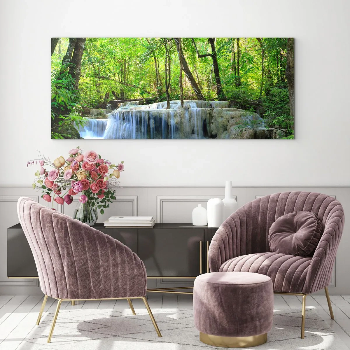 Quadro em vidro - Afogar-se na turquesa e vegetação - 140x50 cm