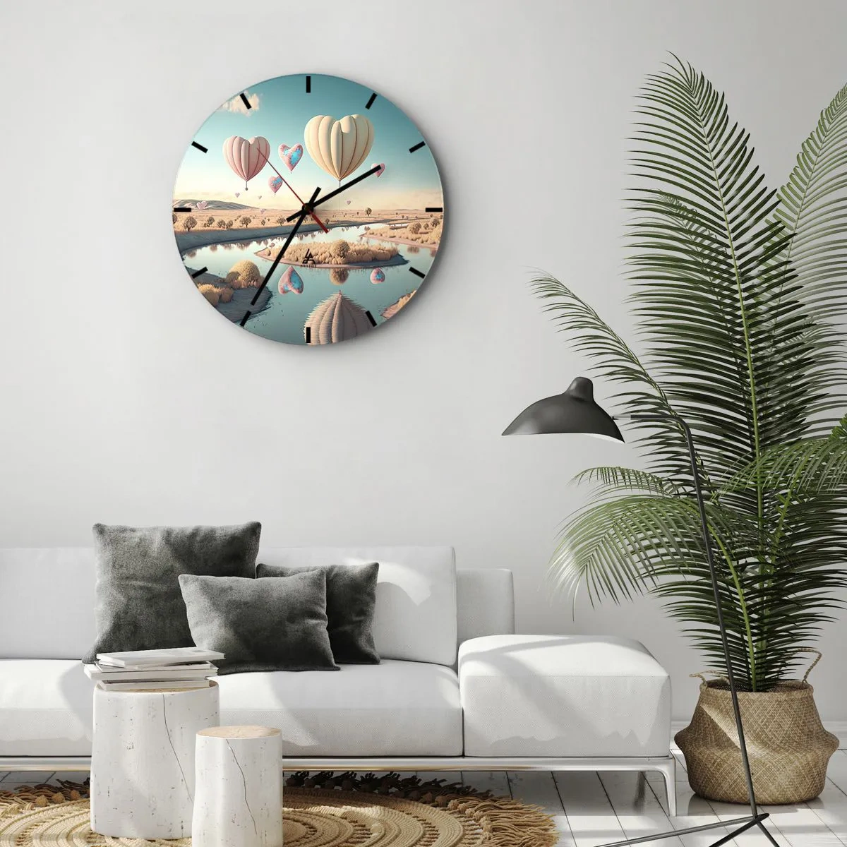Relógio de parede - Relógio em vidro - Balões em forma de coração flutuando sobre o rio - 30x30cm - O amor permite se reerguer - Decoração de parede moderna para a sala de estar, cozinha e quarto ARTTOR