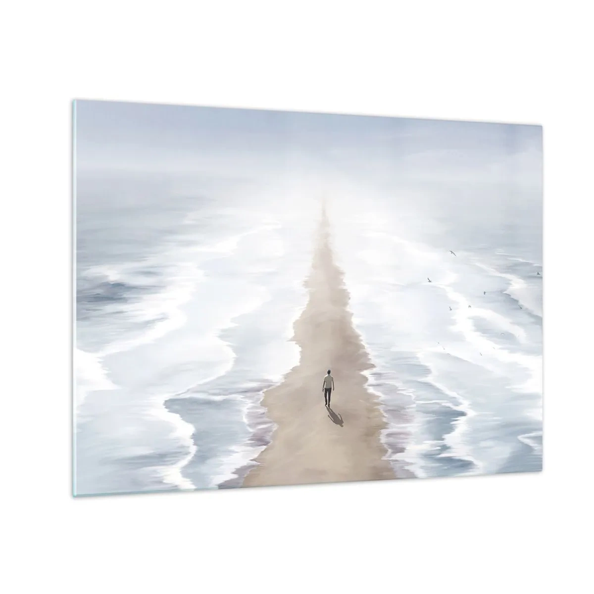 Quadro em vidro - Uma figura caminhando sozinha em direção ao horizonte entre as ondas - 70x50cm - Um futuro brilhante - Decoração de parede moderna para a sala de estar e quarto ARTTOR