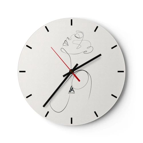 Relógio de parede - Relógio em vidro - Um perfil feminino feito com uma linha preta sobre um fundo claro - 30x30cm - Enrolada em sonhos - Decoração de parede moderna para a sala de estar, cozinha e quarto ARTTOR