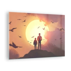 Quadro em vidro - Figuras de um pai e um filho em pé, tendo como pano de fundo o pôr do sol e pássaros voando - 70x50cm - Cara a cara com o sol - Decoração de parede moderna para a sala de estar e quarto ARTTOR