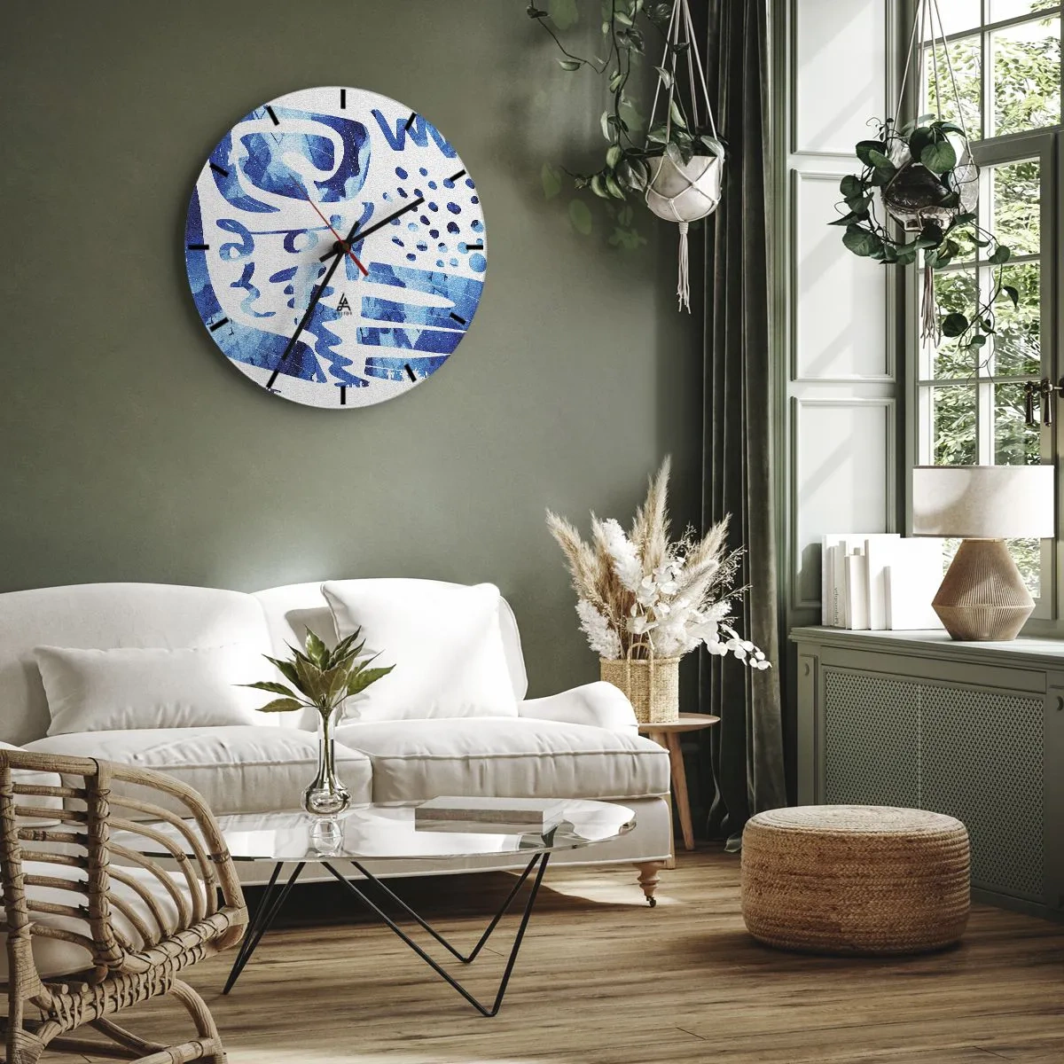 Relógio de parede - Relógio em vidro - Padrões azuis abstratos em um fundo branco - 30x30cm - Voltar às raízes - Decoração de parede moderna para a sala de estar, cozinha e quarto ARTTOR