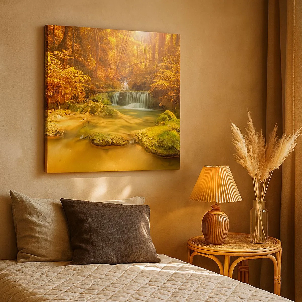 Quadro em tela - Cascata na floresta em ouro - 30x30 cm