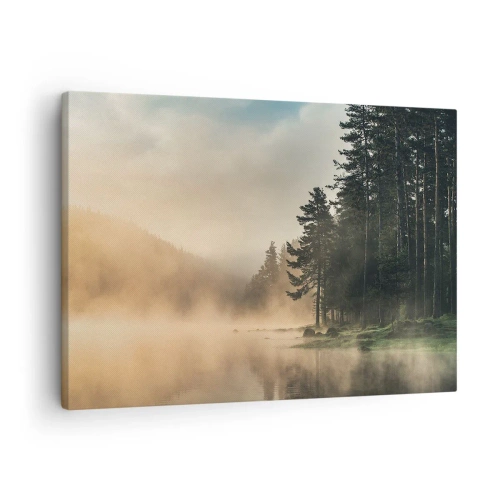 Quadro em tela - Uma floresta enevoada sobre um lago calmo - 70x50cm - O nascimento do dia - Decoração de parede moderna para a sala de estar e quarto ARTTOR