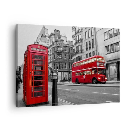 Quadro em tela - Uma cabine telefônica vermelha e um ônibus de dois andares em Londres com a cidade ao fundo - 70x50cm - O mais vermelho da Europa - Decoração de parede moderna para a sala de estar e quarto ARTTOR
