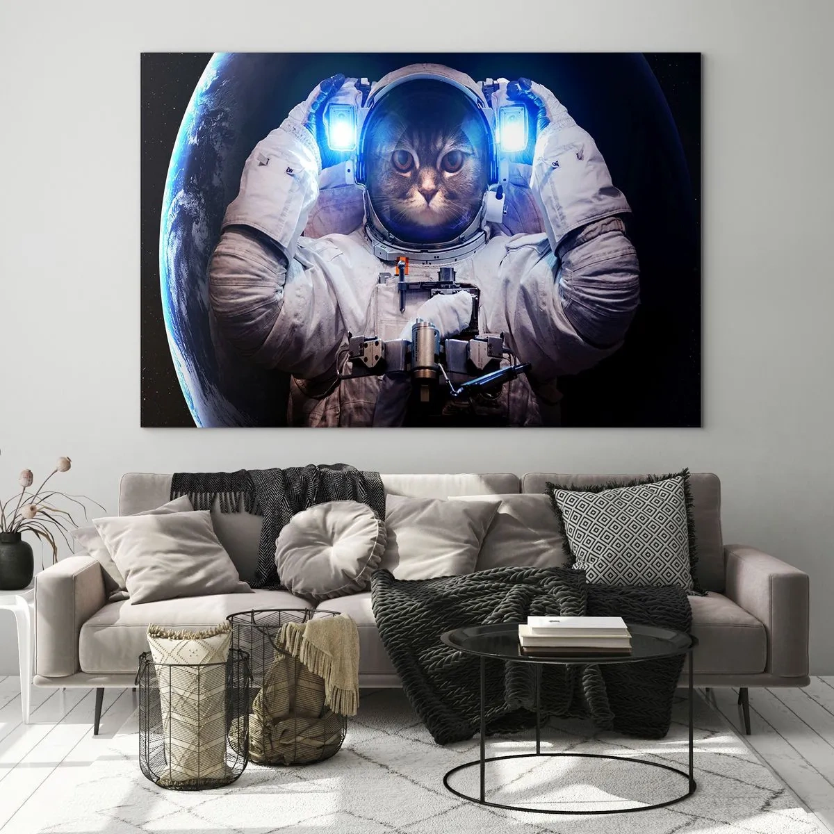 Quadro em vidro - Um cosmonauta com cabeça de gato no espaço - 70x50cm - Houston, temos um problema - Decoração de parede moderna para a sala de estar e quarto ARTTOR