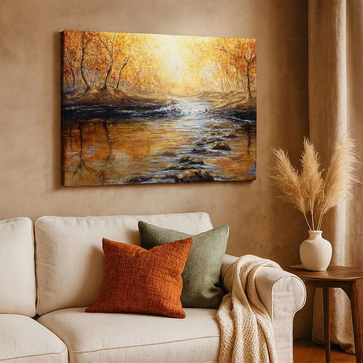 Quadro em tela - Paisagem de outono com um rio entre as árvores - 70x50cm - Riacho Dourado - Decoração de parede moderna para a sala de estar e quarto ARTTOR