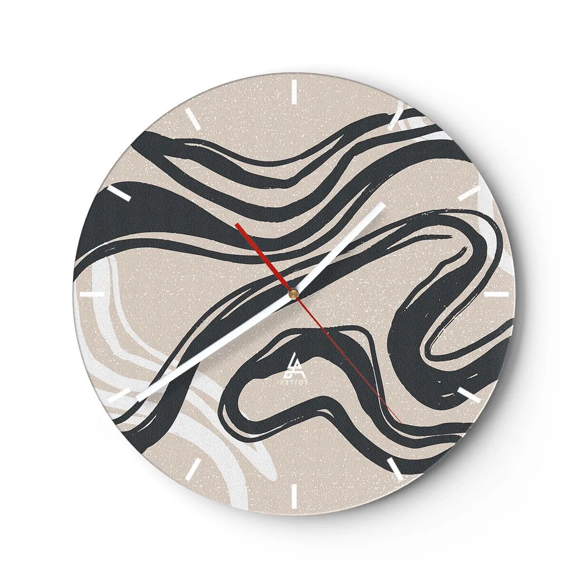 Relógio de parede - Relógio em vidro - Curvas pretas em um fundo bege em um estilo gráfico - 30x30cm - Expressão multiplicada - Decoração de parede moderna para a sala de estar, cozinha e quarto ARTTOR