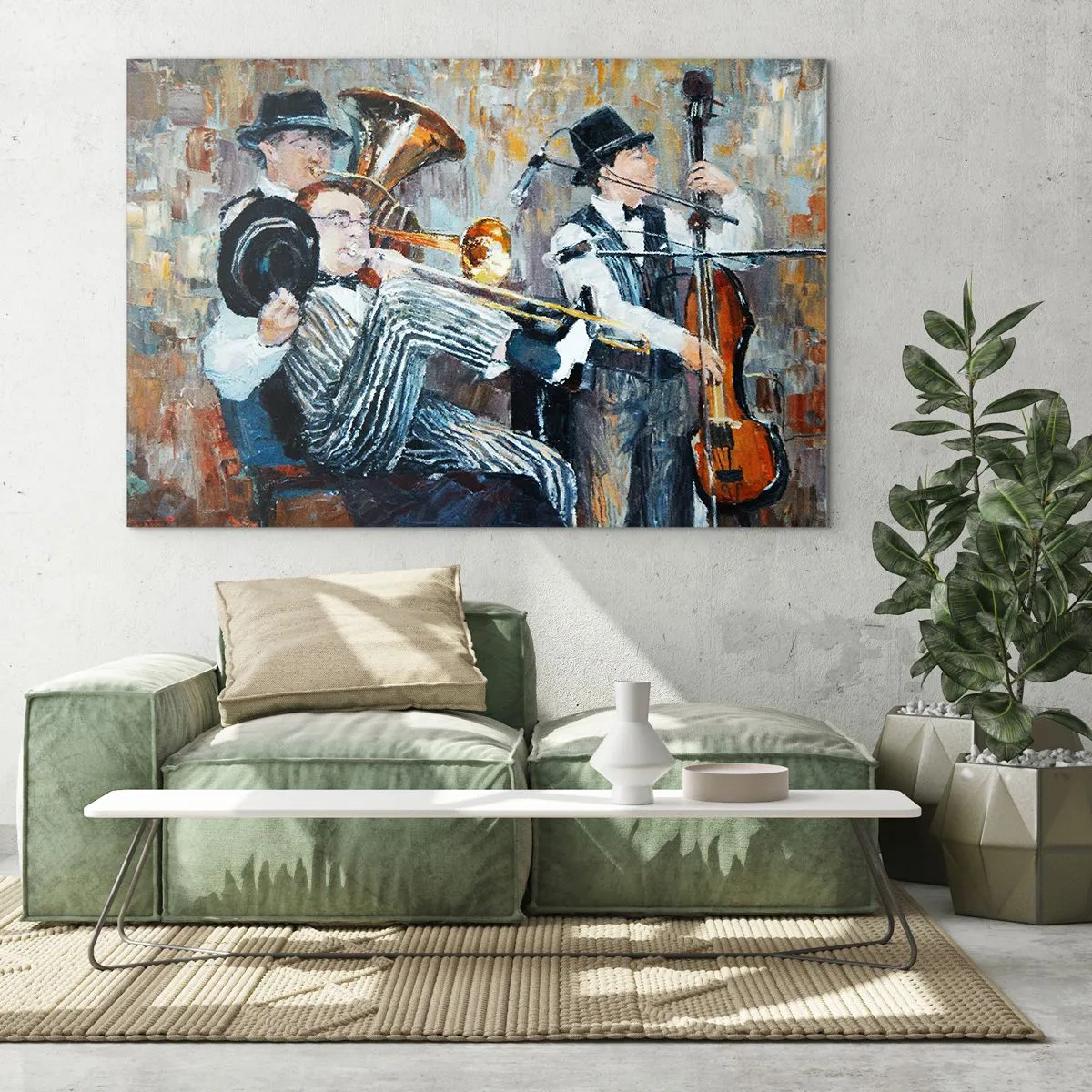 Quadro em vidro - Uma banda de jazz em uma cena impressionista atmosférica - 70x50cm - Todo aquele jazz - Decoração de parede moderna para a sala de estar e quarto ARTTOR