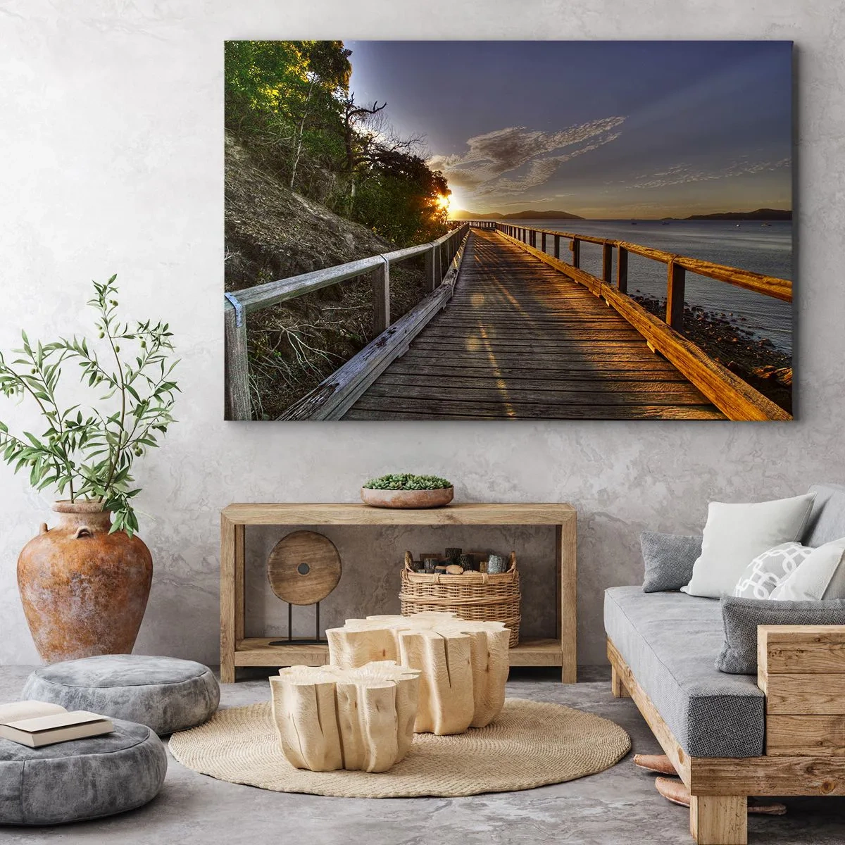 Quadro em tela - Um cais de madeira conduz ao pôr do sol sobre a água - 70x50cm - Caminhada constante em direção ao sol - Decoração de parede moderna para a sala de estar e quarto ARTTOR