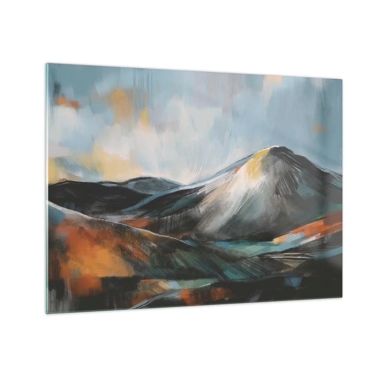 Quadro em vidro - Uma paisagem montanhosa pictórica em cores quentes e frias - 70x50cm - Cru e lindo - Decoração de parede moderna para a sala de estar e quarto ARTTOR