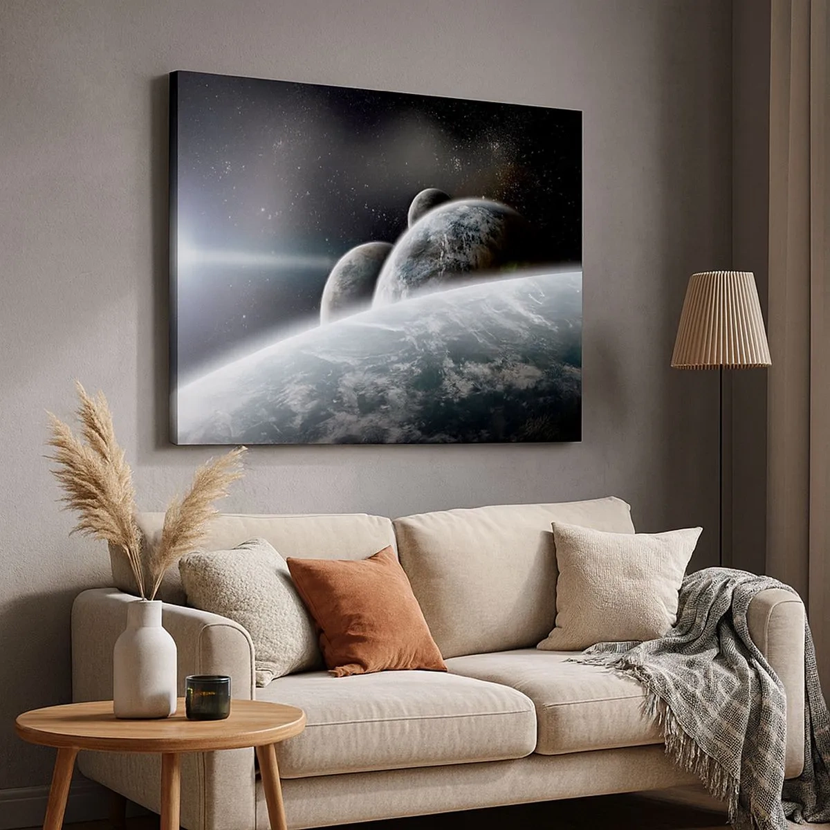 Quadro em tela - Planetas no espaço contra o fundo de estrelas e galáxias - 70x50cm - Música cósmica das esferas - Decoração de parede moderna para a sala de estar e quarto ARTTOR