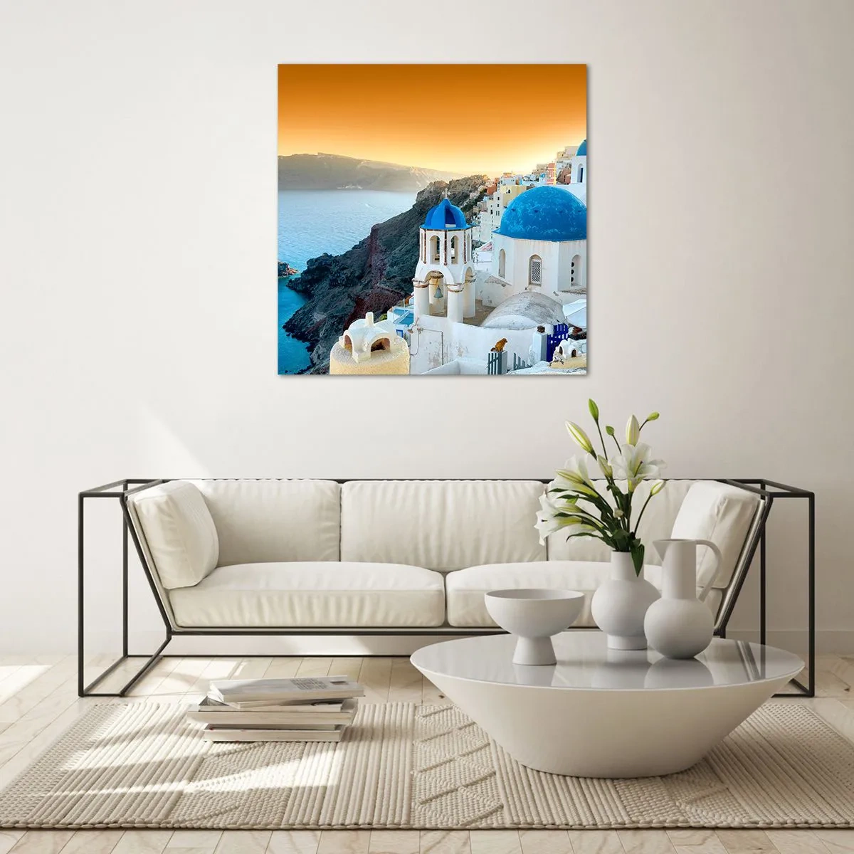Quadro em vidro - Santorini - abraçada às rochas - 40x40 cm