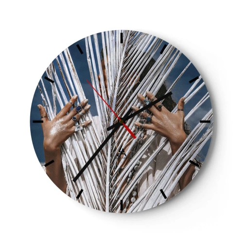 Relógio de parede - Relógio em vidro - Mãos decoradas com anéis atrás de folhas de palmeira brancas - 30x30cm - A xamã - Decoração de parede moderna para a sala de estar, cozinha e quarto ARTTOR