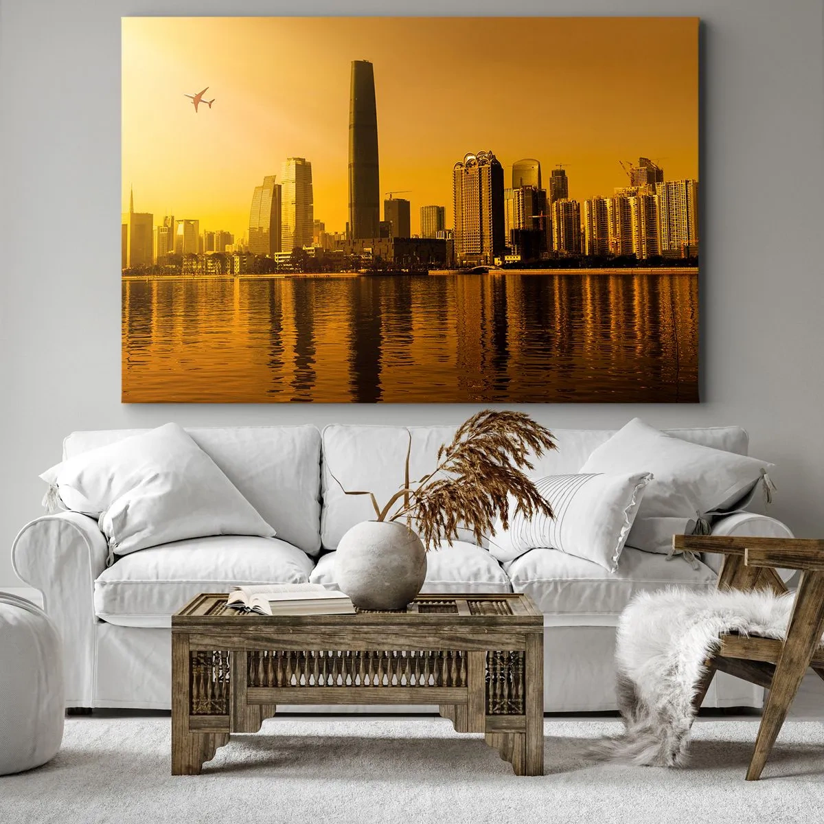 Quadro em tela - Panorama da cidade ao pôr do sol com arranha-céus e um avião - 70x50cm - Cidade Dourada - Decoração de parede moderna para a sala de estar e quarto ARTTOR