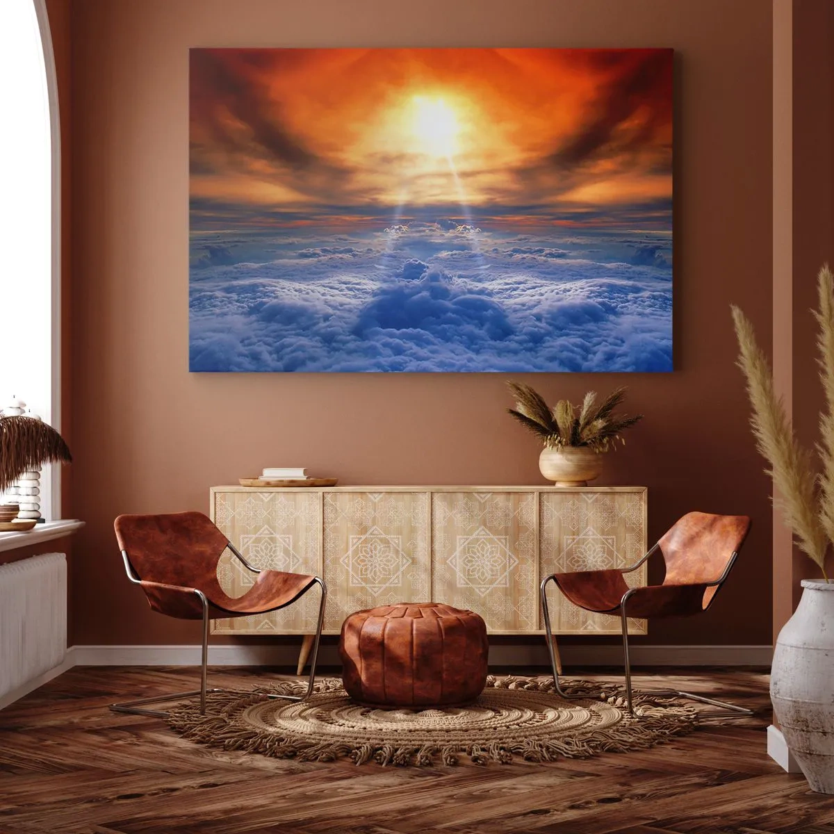 Quadro em tela - Pôr do sol acima das nuvens, o céu cheio de cores douradas e luz. - 70x50cm - Paisagem mística - Decoração de parede moderna para a sala de estar e quarto ARTTOR