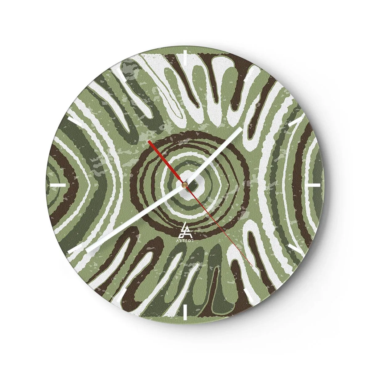 Relógio de parede - Relógio em vidro - Composição simétrica verde e marrom com padrões concêntricos - 30x30cm - Uma explosão de emoções - Decoração de parede moderna para a sala de estar, cozinha e quarto ARTTOR