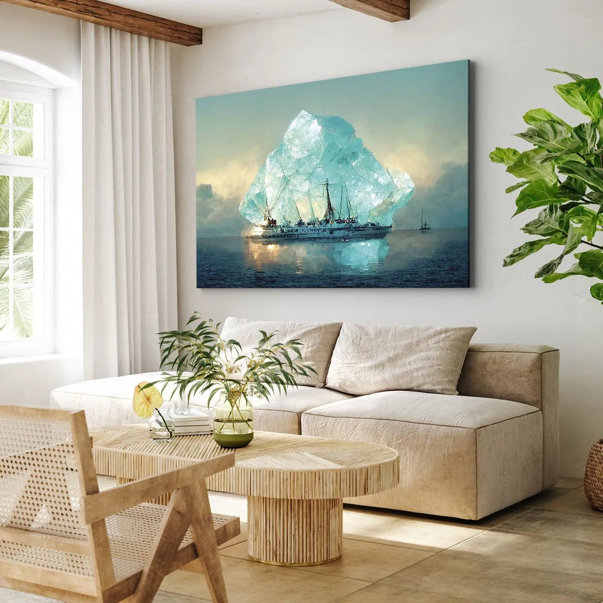 Quadro em tela - Um navio com um iceberg majestoso ao fundo - 70x50cm - Diamante Ártico - Decoração de parede moderna para a sala de estar e quarto ARTTOR