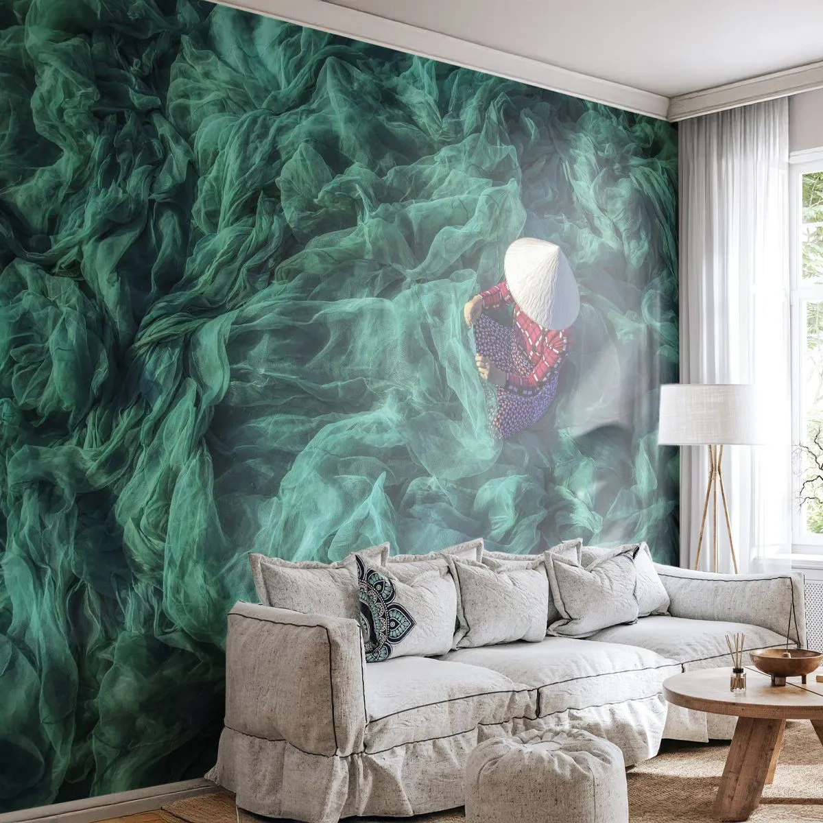Papel de Parede Standard Eco - Num mar de redes - Rede de pesca, Mulher, Vietnã - 400x280 cm
