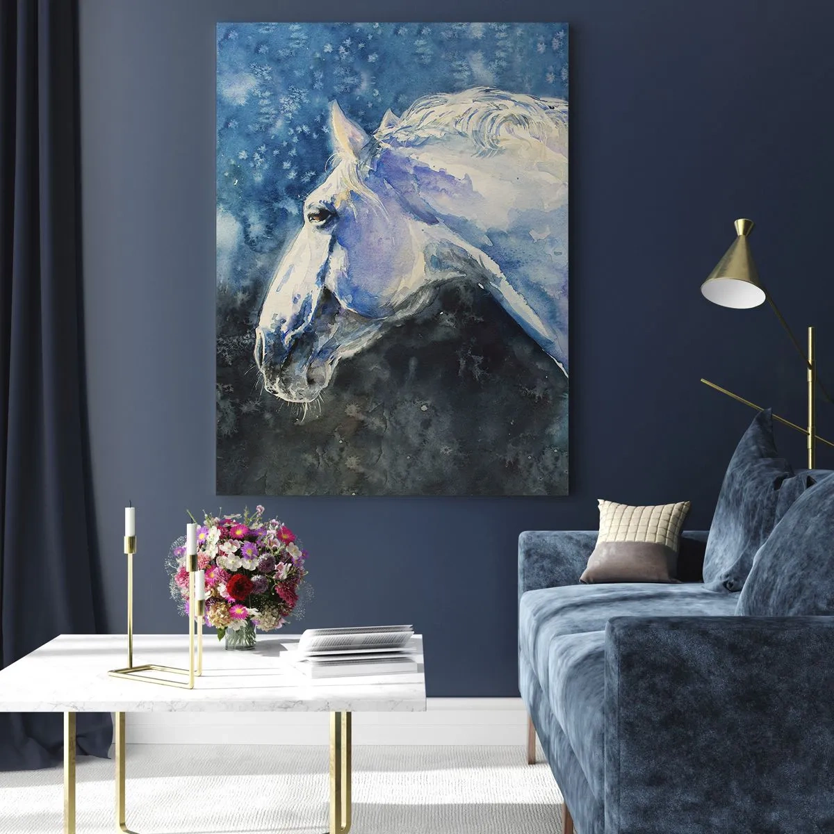 Quadro em vidro - Retrato com um brilho azul - 70x100 cm