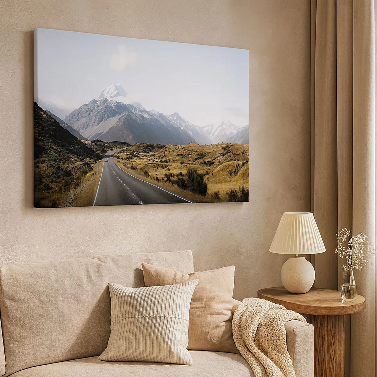 Quadro em tela - Uma estrada nas montanhas cercada por uma paisagem pitoresca - 70x50cm - O caminho para o coração das montanhas - Decoração de parede moderna para a sala de estar e quarto ARTTOR