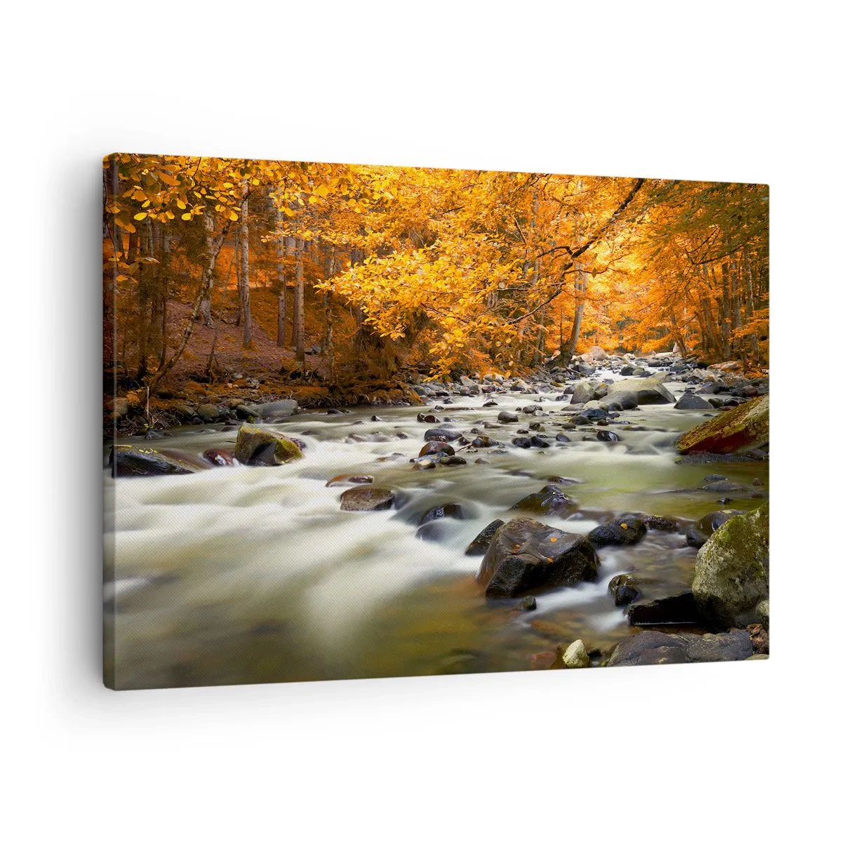 Quadro em tela - Um riacho em uma floresta de outono cercado por folhas douradas - 70x50cm - Um riacho na floresta dourada - Decoração de parede moderna para a sala de estar e quarto ARTTOR