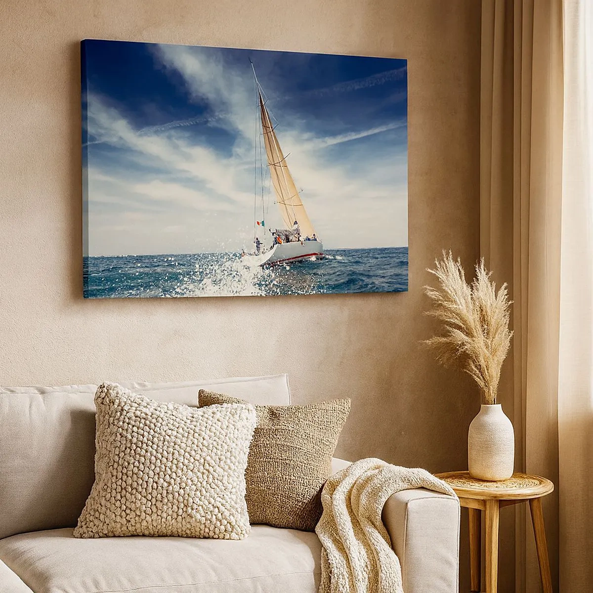 Quadro em tela - Um veleiro em um mar tempestuoso sob um céu azul - 70x50cm - Não nos alcançarão! - Decoração de parede moderna para a sala de estar e quarto ARTTOR