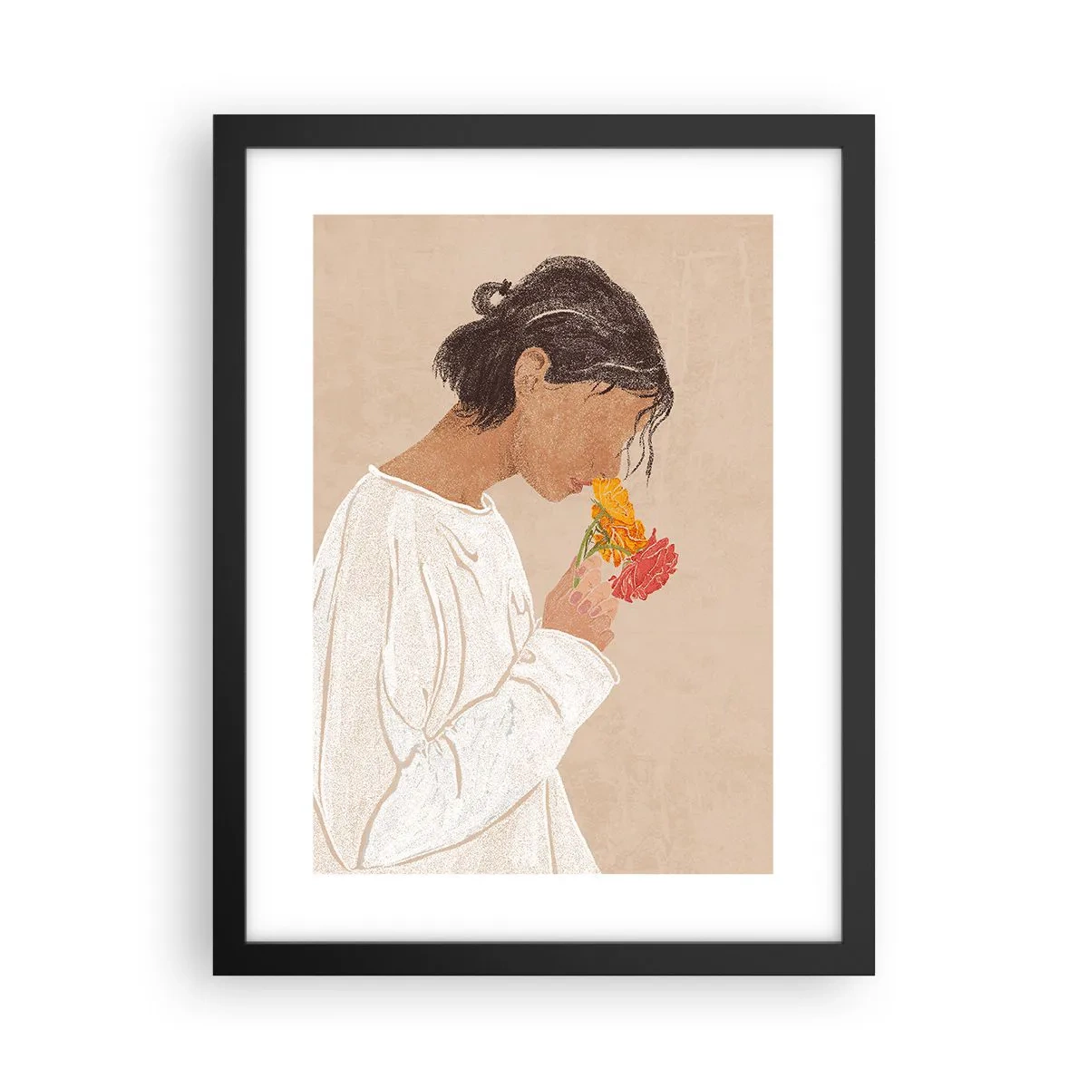 Pôster com moldura preta - Menina e flores - 30x40 cm