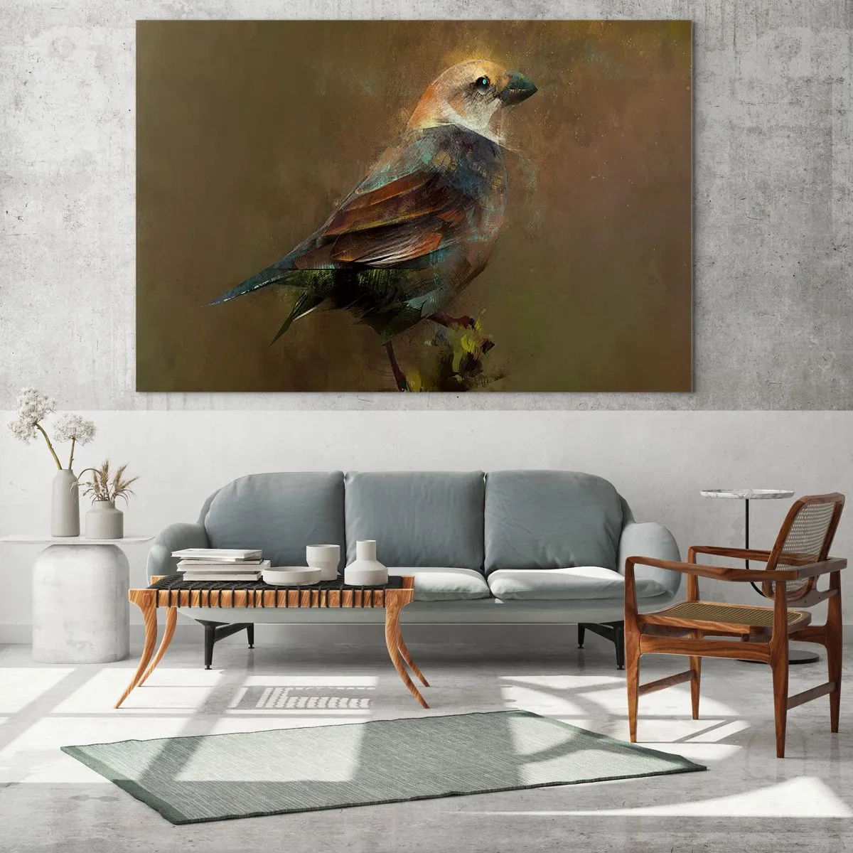Quadro em vidro - Um pardal em estilo artístico e pictórico sobre um fundo neutro - 70x50cm - Pardal, pequeno passarinho - Decoração de parede moderna para a sala de estar e quarto ARTTOR