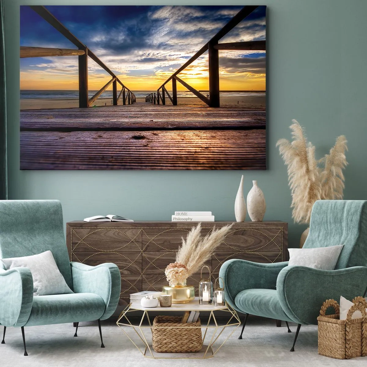 Quadro em tela - Cais de madeira que leva à praia ao pôr do sol - 70x50cm - Direto para a praia tranquila ao pôr do sol - Decoração de parede moderna para a sala de estar e quarto ARTTOR
