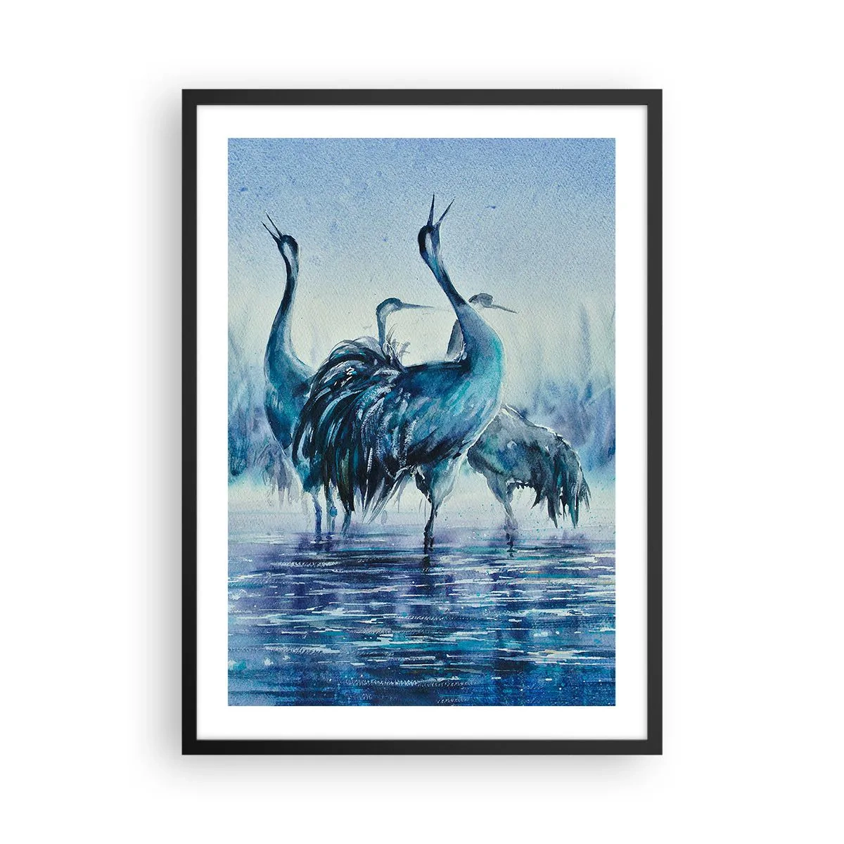 Pôster com moldura preta - Uma imagem atmosférica de guindastes em uma paisagem aquática azul - 50x70cm - Reunião matinal - Decoração de parede moderna para a sala de estar e quarto ARTTOR